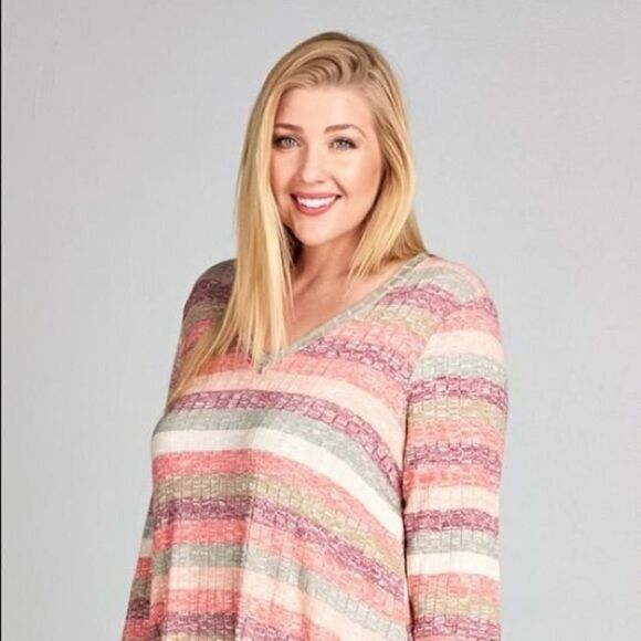 Emerald Fashion Tops - New coral pink multi ombré striped v-neck